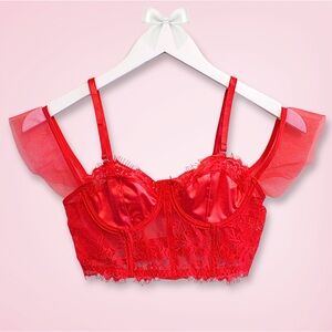 Red Lace Bustier Bra XS Satin Off Shoulder Strappy Back Corset Top